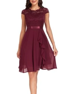 Women's Party Dress Lace Dress Cocktail Dress Midi Dress Black Pink Wine Short Sleeve Pure Color Lace Spring Fall Winter Crew Neck Fashion Winter Dress Wedding Guest Vacation 2023 S M L XL XXL -Tesla Style iyodlm1692179768074