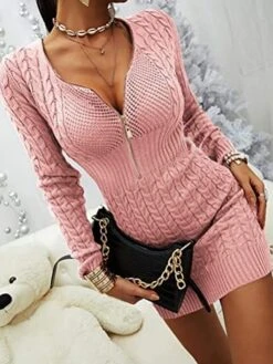 Women's Sweater Dress Jumper Dress Sheath Dress Mini Dress Warm Pure Color Outdoor Casual Holiday Going Out V Neck Long Sleeve Zipper 2023 Slim Black White Pink S M L XL XXL 3XL -Tesla Style iyshno1694166174075
