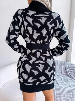 Women's Sweater Dress Jumper Dress Casual Dress Mini Dress Fashion Leopard Outdoor Daily Going Out Turtleneck Long Sleeve 2023 Loose Fit Black Wine Khaki S M L -Tesla Style iytcya1694756300592