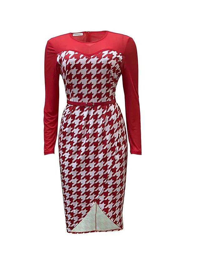 Women's Work Dress Casual Dress Sheath Dress Fashion Office Daily Workfashion Midi Dress Split Print Crew Neck Long Sleeve Houndstooth Regular Fit Red Blue Fall Winter S M L XL XXL 7 Women's Work Dress Casual Dress Sheath Dress Fashion Office Daily Workfashion Midi Dress Split Print Crew Neck Long Sleeve Houndstooth Regular Fit Red Blue Fall Winter S M L XL XXL - Image 5