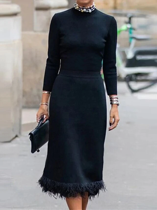 Women's Party Dress Feather Dress Cocktail Dress Midi Dress Black Long Sleeve Pure Color Feather Fall Winter Autumn Stand Collar Fashion Winter Dress Wedding Guest Vacation S M L XL XXL 3XL 4 Women's Party Dress Feather Dress Cocktail Dress Midi Dress Black Long Sleeve Pure Color Feather Fall Winter Autumn Stand Collar Fashion Winter Dress Wedding Guest Vacation S M L XL XXL 3XL - Image 2