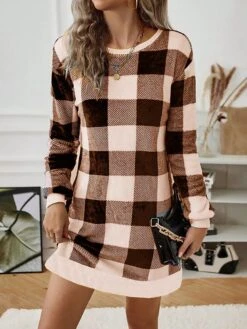 Women's Casual Dress Sweatshirt Dress Winter Dress Plaid Print Crew Neck Mini Dress Fashion Streetwear Outdoor Daily Long Sleeve Loose Fit Black Pink Brown Fall Winter S M L XL XXL -Tesla Style izpetu1694764307129
