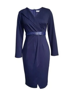 Women's Work Dress Casual Dress Sheath Dress Fashion Office Daily Workfashion Midi Dress Lace Up Ruched V Neck Long Sleeve Plain Regular Fit Red Green Dark Blue Fall Winter S M L XL XXL -Tesla Style izsfey1695645168887