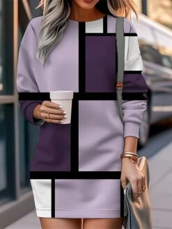 Women's Casual Dress Sweatshirt Dress Mini Dress Warm Fashion Outdoor Vacation Going Out Crew Neck Print Geometric Loose Fit Pink Blue Purple S M L XL XXL -Tesla Style izvisz1694576825545
