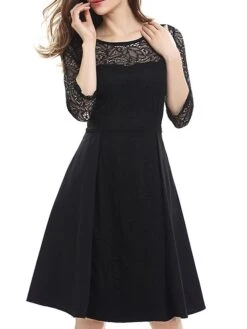 Women's Party Dress Lace Dress Swing Dress Mini Dress Black Wine Blue 3/4 Length Sleeve Pure Color Lace Spring Fall Winter Crew Neck Fashion Party Spring Dress 2023 S M L XL XXL 3XL 4XL -Tesla Style izxbii1671604315447