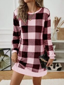 Women's Casual Dress Sweatshirt Dress Winter Dress Plaid Print Crew Neck Mini Dress Fashion Streetwear Outdoor Daily Long Sleeve Loose Fit Black Pink Brown Fall Winter S M L XL XXL -Tesla Style jafkdt1694764308376