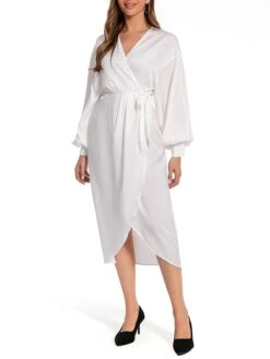Women's Work Dress Satin Dress White Dress Fashion Midi Dress Lace Up V Neck Long Sleeve Plain Loose Fit White Fall Winter S M L XL XXL -Tesla Style jaiewu1693467038008