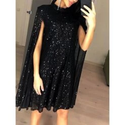 Women's Party Dress Sequin Dress Cocktail Dress Mini Dress Black Long Sleeve Pure Color Sequins Spring Fall Winter Stand Collar Fashion Wedding Guest Vacation Summer Dress 2023 S M L XL XXL 3XL -Tesla Style jambac1695633824435