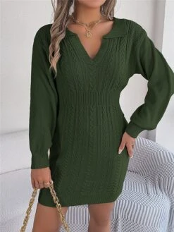 Women's Sweater Dress Winter Dress Jumper Dress Mini Dress Warm Pure Color Outdoor Casual Holiday Vacation V Neck Long Sleeve 2023 Regular Fit Pink Burgundy Green S M L -Tesla Style jarxeu1696926498248