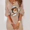 Women's Casual Dress Shift Dress Mini Dress Black Khaki Dark Gray 3/4 Length Sleeve Animal Print Spring Fall Winter V Neck Fashion Loose Fit 2023 S M L XL XXL 3XL 4XL 5XL -Tesla Style jascwl1670928684821