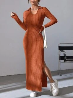 Women's Sweater Dress Winter Dress Jumper Dress Long Dress Maxi Dress Split Daily Date Going Out Active Fashion V Neck Long Sleeve 2023 Slim Black Brown Color S M L Size -Tesla Style jatwnn1693559545695