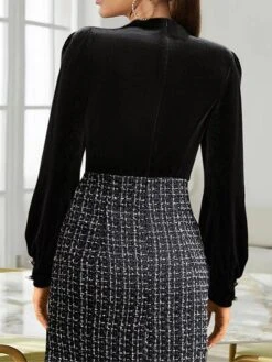 Women's Work Dress Sheath Dress Semi Formal Dress Fashion Office Daily Workfashion Mini Dress Patchwork Button Stand Collar Long Sleeve Plaid Slim Black Fall Winter S M L -Tesla Style jauyao1695030988019