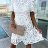 Women's Party Dress Lace Dress Cut Out Dress Mini Dress White Purple Fuchsia Short Sleeve Pure Color Lace Summer Spring Stand Collar Fashion Birthday Wedding Guest Vacation 2023 S M L XL -Tesla Style jbadxh1680508495138