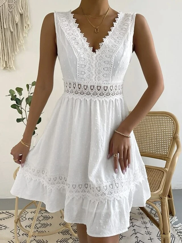 Women's Party Dress Lace Dress Cocktail Dress Midi Dress Black White Sleeveless Pure Color Lace Summer Spring V Neck Fashion Wedding Guest Vacation Summer Dress 2023 S M L XL 2XL 4 Women's Party Dress Lace Dress Cocktail Dress Midi Dress Black White Sleeveless Pure Color Lace Summer Spring V Neck Fashion Wedding Guest Vacation Summer Dress 2023 S M L XL 2XL - Image 2