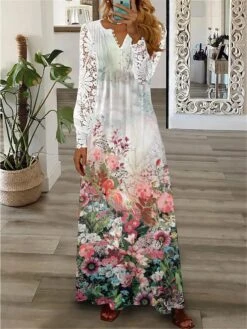 Women's Work Dress Casual Dress Lace Dress Fashion Winter Dress Daily Long Dress Maxi Dress Lace Patchwork V Neck Long Sleeve Floral Heart Regular Fit White Pink Green Fall Winter S M L XL XXL -Tesla Style jbdbcv1694574507847