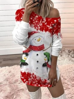 Women‘s Christmas Casual Dress Sweatshirt Dress Mini Dress Warm Fashion Outdoor Holiday Crew Neck Print Santa Claus Snowman Loose Fit Red Burgundy Royal Blue S M L XL XXL -Tesla Style jbgbnj1694166435601