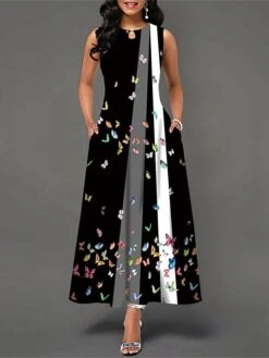 Women's Work Dress Semi Formal Dress Elegant Maxi Dress Pocket Print Crew Neck Sleeveless Floral Regular Fit Black White Orange Summer Spring S M L XL XXL -Tesla Style jbhgey1678863987073