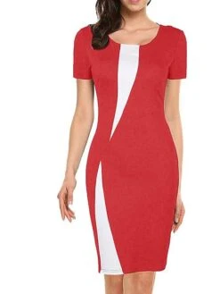 Women's Work Dress Sheath Dress Semi Formal Dress Fashion Midi Dress Patchwork Crew Neck Short Sleeve Color Block Slim Black White Wine Summer Spring S M L XL XXL -Tesla Style jbusmn1679311688048