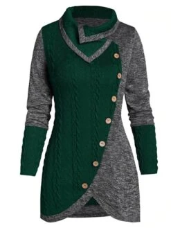 Women‘s Sweater Dress Winter Dress Green Black Wine Red Gray Long Sleeve Button Winter Fall Turtleneck Casual L XL XXL 3XL 4XL 5XL -Tesla Style jcsidf1631266016235