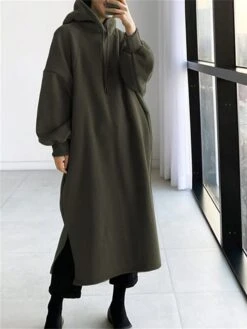 Women's Casual Dress Hoodie Dress Long Dress Maxi Dress Active Daily Outdoor Holiday Vacation Hoodie Solid Color Loose Fit ArmyGreen Black Green S M L XL XXL -Tesla Style jcwoxr1695027792693