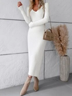 Women's Sweater Dress Winter Dress Jumper Dress Midi Dress Ribbed Outdoor Work Street Fashion Modern V Neck Long Sleeve 2023 Slim Black White Wine Color S M L XL Size -Tesla Style jdlohw1694602907182