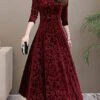 Women's Party Dress Velvet Dress Swing Dress Midi Dress Black Red Green Long Sleeve Floral Jacquard Spring Fall Winter V Neck Fashion Winter Dress Wedding Guest Vacation Slim 2023 M L XL XXL 3XL -Tesla Style jeaoyd1630489601641
