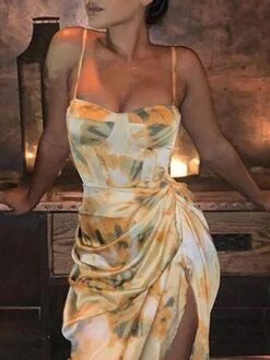 Women‘s Party Dress Holiday Dress Strap Dress Midi Dress Yellow Sleeveless Abstract Ruched Spring Summer Cold Shoulder Elegant Party 2023 S M L XL XXL XXXL -Tesla Style jecfvb1623855271837