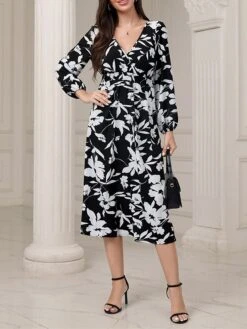Women's Work Dress Casual Dress Swing Dress Fashion Winter Dress Daily Midi Dress Ruched Print V Neck Long Sleeve Floral Loose Fit Black Fall Winter S M L XL -Tesla Style jesiak1695645236213