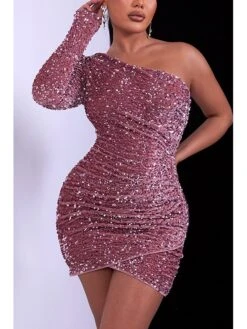 Women's Party Dress Sequin Dress Cocktail Dress Mini Dress Black Pink Wine Long Sleeve Pure Color Sequins Spring Fall Winter One Shoulder Fashion Party Winter Dress Wedding Guest 2022 XS S M L XL -Tesla Style jfeegx1667531383919
