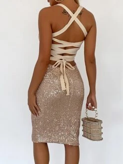 Women‘s Christmas Party Dress Sequin Dress Cocktail Dress Midi Dress White Gold Sleeveless Pure Color Sparkly Glitter Sequins Spring Fall Winter Spaghetti Strap Fashion Wedding Guest Birthday -Tesla Style jfvuju1693535322252