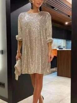 Women‘s Party Dress Wedding Guest Dress Homecoming Dress Sequin Dress Shift Dress Mini Dress Black White Champagne 3/4 Length Sleeve Pure Color Lace Up Fall Spring Autumn Crew Neck -Tesla Style jfxiuz1640159782963