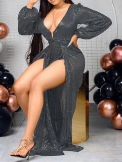 Women‘s Prom Dress Party Dress Sequin Dress Black Dress Long Dress Maxi Dress Long Sleeve Pure Color Sparkly Glitter Sequins Spring Fall Winter Deep V Fashion Wedding Guest Birthday Evening -Tesla Style jgdxot1693886924791