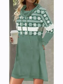 Women's Casual Dress Print Dress Spring Dress Floral Pocket Print Hooded Mini Dress Fashion Streetwear Outdoor Daily Long Sleeve Loose Fit Blue Green Light Blue Spring Fall S M L XL XXL -Tesla Style jgutoy1692011528753