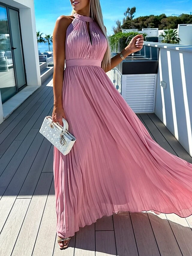 Women's Long Dress Maxi Dress Party Dress Casual Dress Summer Dress Pure Color Streetwear Casual Outdoor Holiday Going Out Ruched Pleated Sleeveless Halter Neck Dress Slim Pink Blue Summer Spring S M 4 Women's Long Dress Maxi Dress Party Dress Casual Dress Summer Dress Pure Color Streetwear Casual Outdoor Holiday Going Out Ruched Pleated Sleeveless Halter Neck Dress Slim Pink Blue Summer Spring S M - Image 2