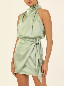 Women's Party Dress Homecoming Dress Cocktail Dress Mini Dress Black Champagne Light Green Sleeveless Pure Color Lace Up Spring Fall Winter Halter Neck Fashion Wedding Guest Birthday Vacation Loose -Tesla Style jhqnbn1693535339917