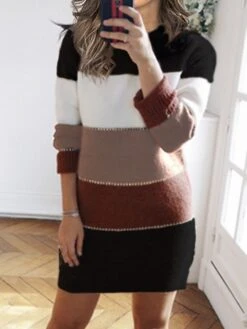 Women‘s Sweater Dress Winter Dress Casual Dress Shift Dress Midi Dress Red Blue Brown Long Sleeve Color Block Knit Fall Winter Autumn Turtleneck Mature Outdoor Daily Loose Fit 2023 S M L XL XXL 3XL -Tesla Style jhrhim1664516102018