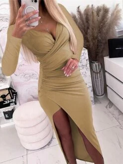 Women‘s Party Dress Wedding Guest Dress Bodycon Sheath Dress Long Dress Maxi Dress Black Pink Wine Long Sleeve Pure Color Ruched Winter Fall Spring V Neck Fashion Evening Party 2023 S M L XL XXL 3XL -Tesla Style jihszp1669105415137