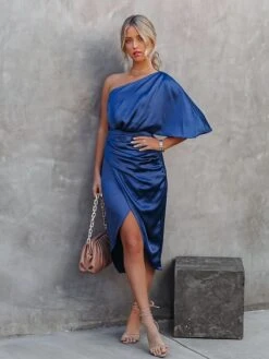 Women‘s Wedding Guest Dress Party Dress Satin Dress Midi Dress Green Black Gold Orange Navy Blue Short Sleeve Solid Color Ruched Spring Summer Off Shoulder Elegant & Luxurious 2022 S M L XL -Tesla Style jijwav1660465365192