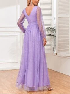 Women‘s Prom Dress Party Dress Sequin Dress Long Dress Maxi Dress Purple Long Sleeve Pure Color Sparkly Glitter Sequins Fall Winter Autumn V Neck Fashion Wedding Guest Birthday Evening Party -Tesla Style jikotg1693535472062