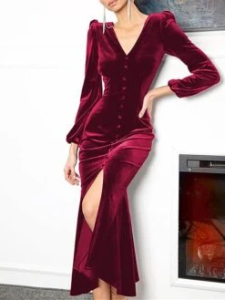 Women's Prom Dress Party Dress Velvet Dress Long Dress Maxi Dress Black Pink Wine Long Sleeve Pure Color Button Fall Winter Autumn V Neck Fashion Winter Dress Birthday Evening Party 2023 S M L XL XXL -Tesla Style jinfkf1693535343322