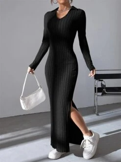 Women's Sweater Dress Winter Dress Jumper Dress Long Dress Maxi Dress Split Daily Date Going Out Active Fashion V Neck Long Sleeve 2023 Slim Black Brown Color S M L Size -Tesla Style jizons1693559540773
