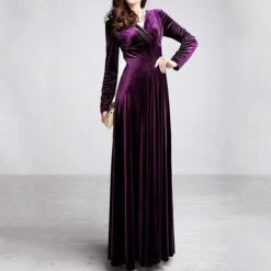 Women's Party Dress Velvet Dress Long Dress Maxi Dress Wine Black Purple Long Sleeve Pure Color Ruched Winter Fall Autumn V Neck Fashion Party Winter Dress Fall Dress 2023 S M L XL XXL XXXL