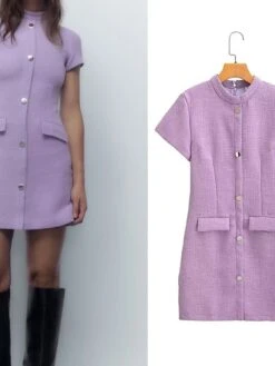 Women's Work Dress Casual Dress Sheath Dress Fashion Office Daily Mini Dress Patchwork Button Stand Collar Short Sleeve Plain Regular Fit Purple Fall Winter S M L