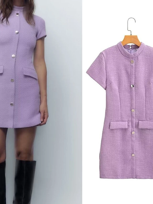 Women's Work Dress Casual Dress Sheath Dress Fashion Office Daily Mini Dress Patchwork Button Stand Collar Short Sleeve Plain Regular Fit Purple Fall Winter S M L 3 Women's Work Dress Casual Dress Sheath Dress Fashion Office Daily Mini Dress Patchwork Button Stand Collar Short Sleeve Plain Regular Fit Purple Fall Winter S M L