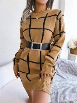 Women's Sweater Dress Winter Dress Jumper Dress Mini Dress Patchwork Daily Date Going Out Active Fashion Crew Neck Long Sleeve 2023 Loose Fit White Green Khaki Color S M L Size -Tesla Style jjqtoe1692863471205