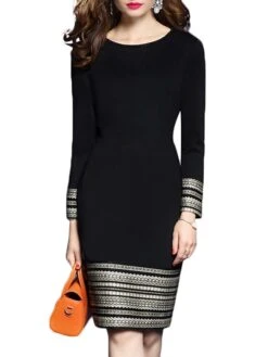 Women's Shift Dress Church Dress Knee Length Dress Black Long Sleeve Print Print Fall Winter Autumn Crew Neck Elegant Winter Dress Fall Dress 2023 S M L XL XXL