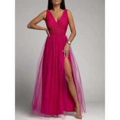 Women‘s Prom Party Dress Wedding Guest Sheath Dress Swing Dress Long Dress Maxi Dress Pink Purple Sleeveless Pure Color Mesh Winter Fall Spring V Neck Fashion Evening Party Slim 2023 S M L XL -Tesla Style jjvstw1676376833202