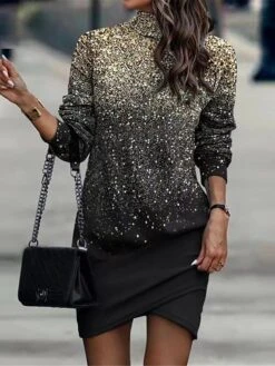 Women's Casual Dress Sweatshirt Dress Sheath Dress Geometric Color Block Ruched Print Turtleneck Mini Dress Fashion Streetwear Outdoor Daily Long Sleeve Regular Fit White Gold Khaki Spring Fall S M L