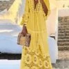 Women's Long Dress Maxi Dress Party Dress Casual Dress Sundress Pure Color Basic Bohemian Outdoor Daily Beach Lace Long Sleeve V Neck Dress Regular Fit Yellow Pink Blue Summer Spring S M L XL XXL