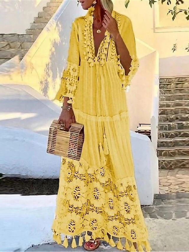 Women's Long Dress Maxi Dress Party Dress Casual Dress Sundress Pure Color Basic Bohemian Outdoor Daily Beach Lace Long Sleeve V Neck Dress Regular Fit Yellow Pink Blue Summer Spring S M L XL XXL 3 Women's Long Dress Maxi Dress Party Dress Casual Dress Sundress Pure Color Basic Bohemian Outdoor Daily Beach Lace Long Sleeve V Neck Dress Regular Fit Yellow Pink Blue Summer Spring S M L XL XXL